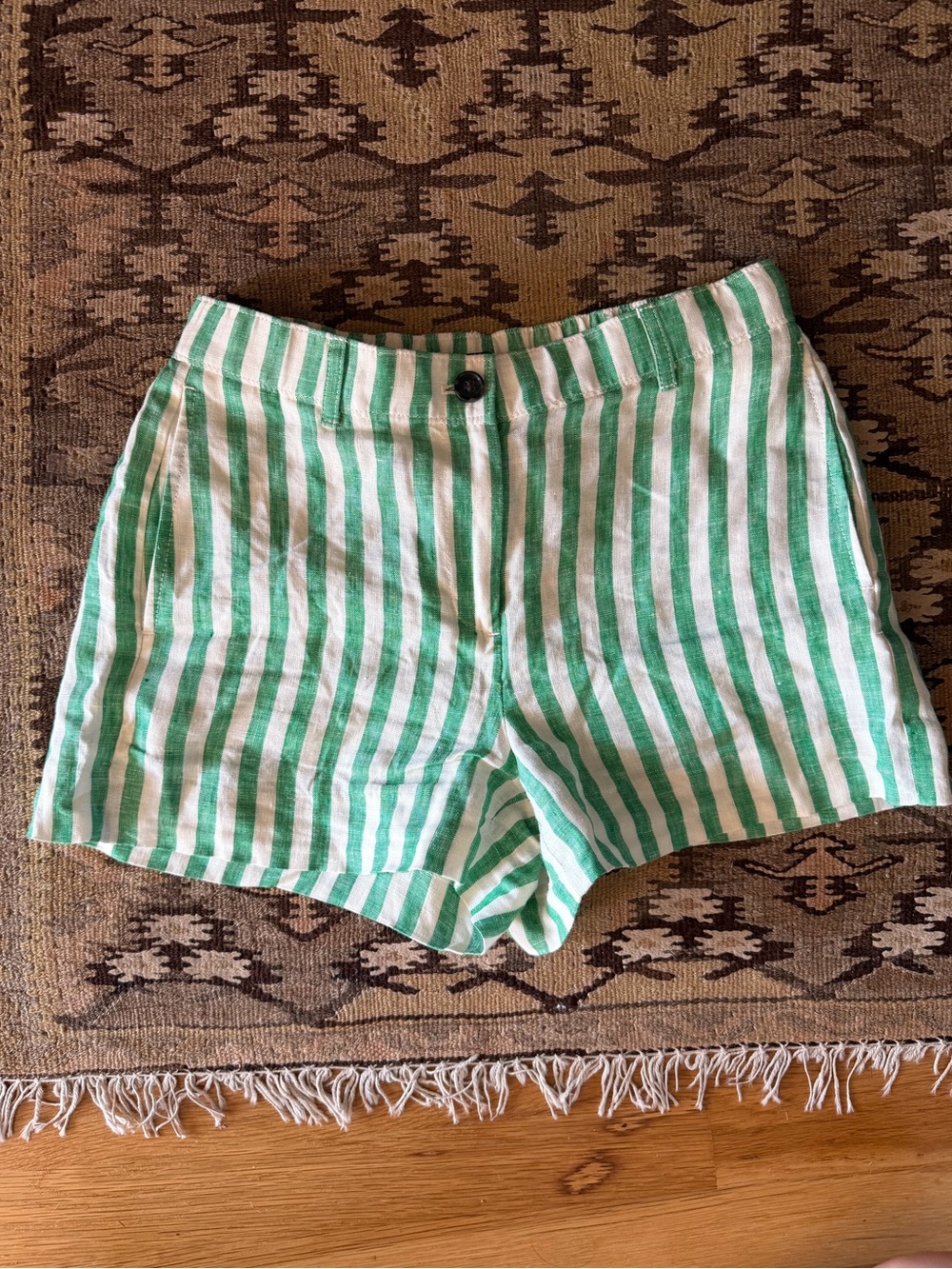 J. Crew Green & White Striped Linen-Blend Shorts
